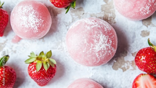 Wallpaper Mural Delicate pink mochi, adorned with fresh strawberries Torontodigital.ca