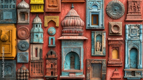 A vibrant display of ornate architectural wall decor in various colors and designs. photo
