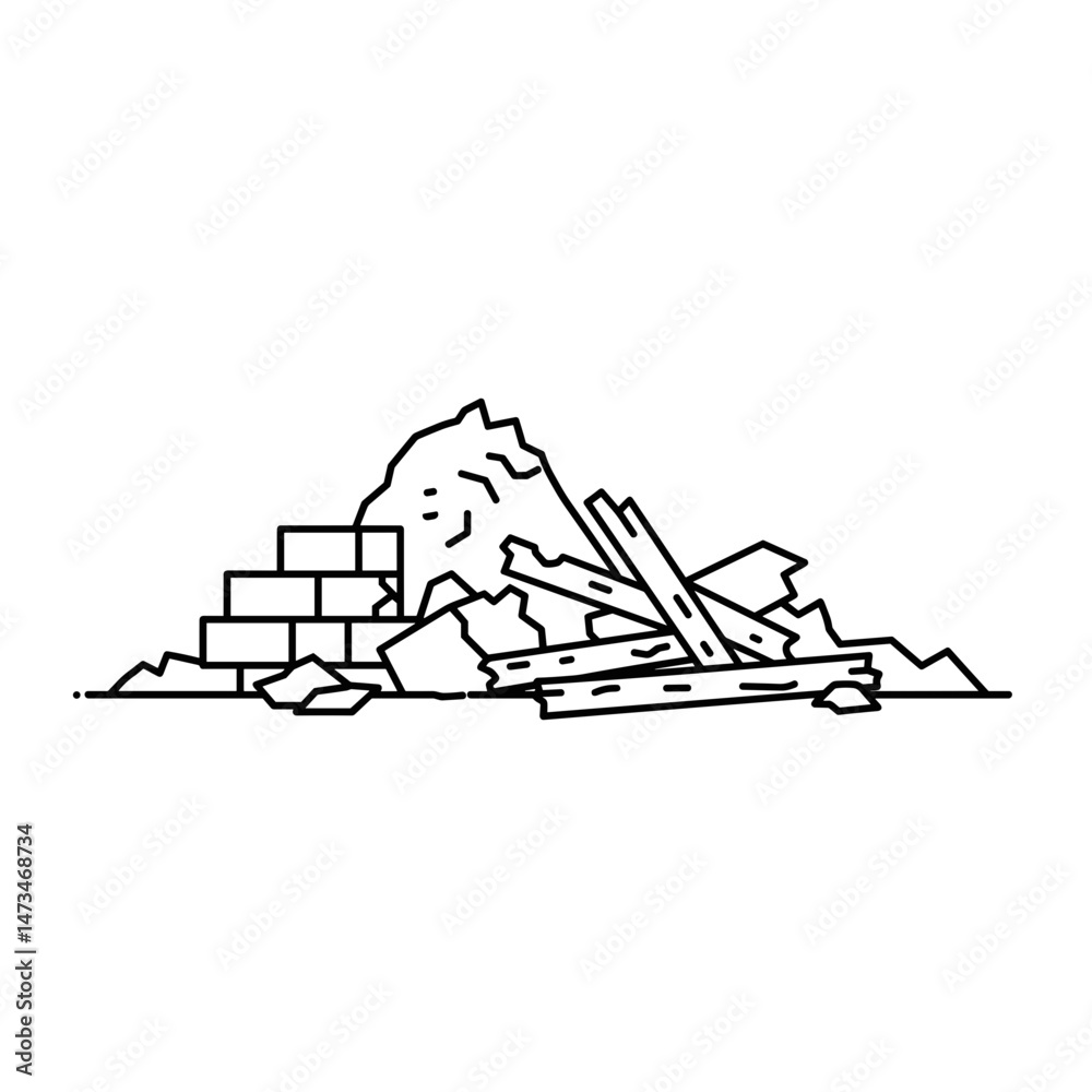 Naklejka premium Construction debris pile with bricks and wood in simple line art 