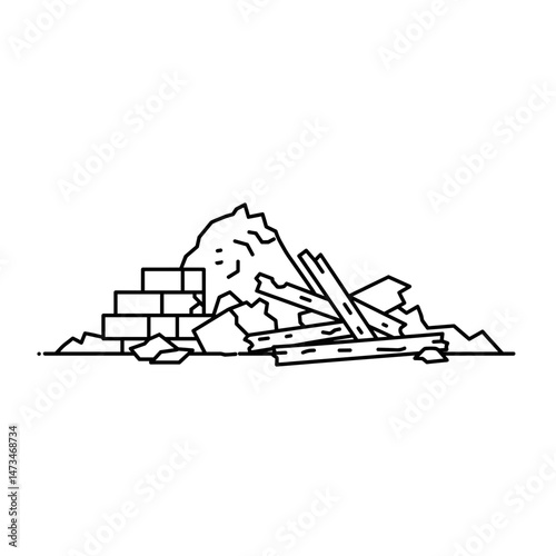 Construction debris pile with bricks and wood in simple line art  