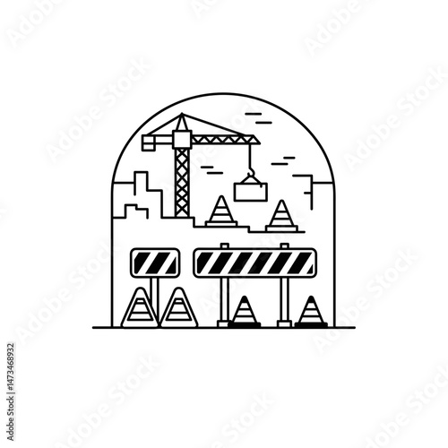 Construction site illustration with crane and barriers  