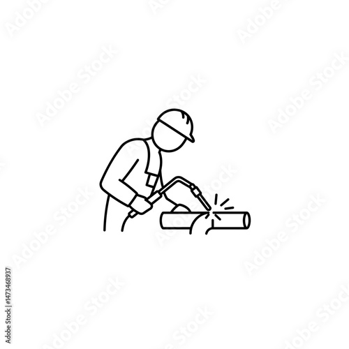Welder using torch sparks flying on welding pipe  