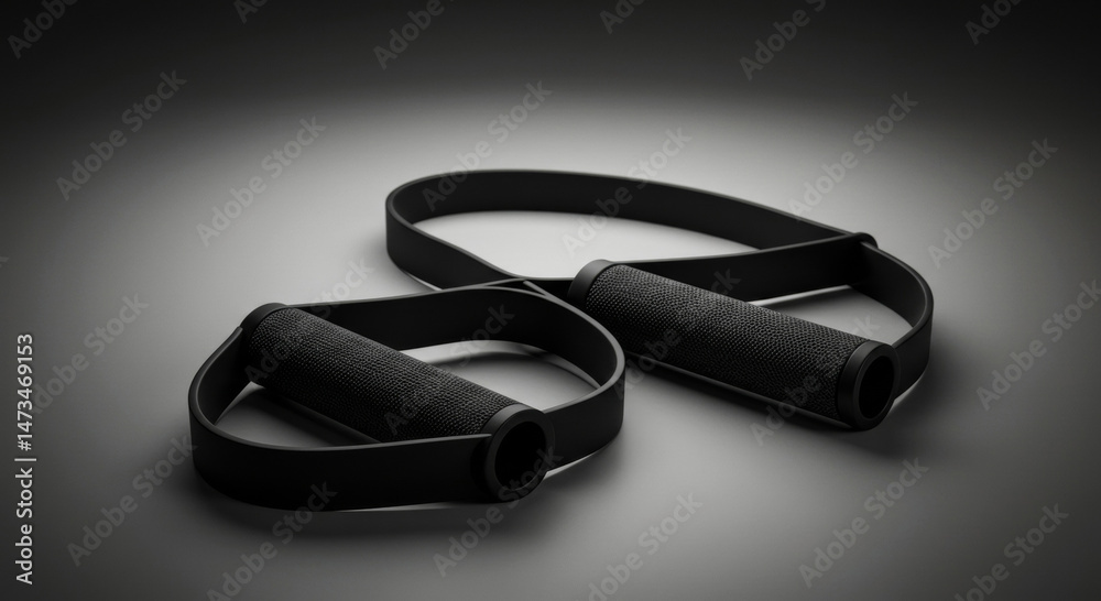 Black resistance band exercise equipment angled on a gray surface. Fitness accessory for home workouts. Black resistance band exercise equipment angled on a gray surface. Fitness accessory for home workouts.