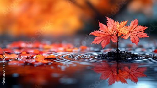 Hyperrealistic falling leaves cascade from a tree, symbolizing surrender and spiritual trust, with serene water reflections and a blurred minimalistic background enhancing the scene's contemplative mo