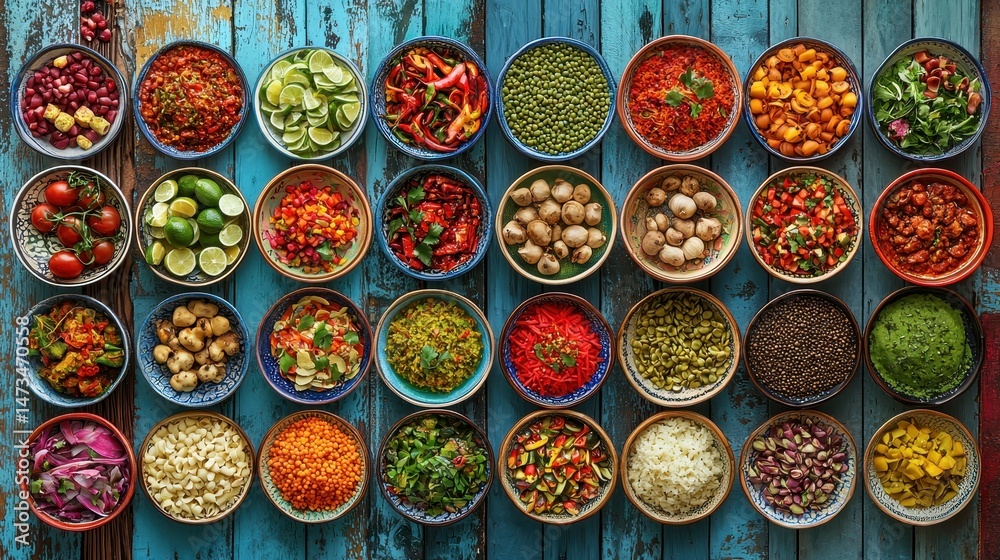 Fototapeta premium A colorful array of fresh ingredients in bowls, showcasing vibrant culinary diversity.