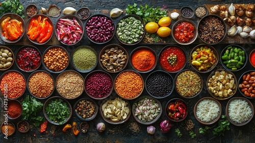 Fototapeta Naklejka Na Ścianę i Meble -  An array of colorful spices and legumes in rustic bowls, showcasing culinary diversity.