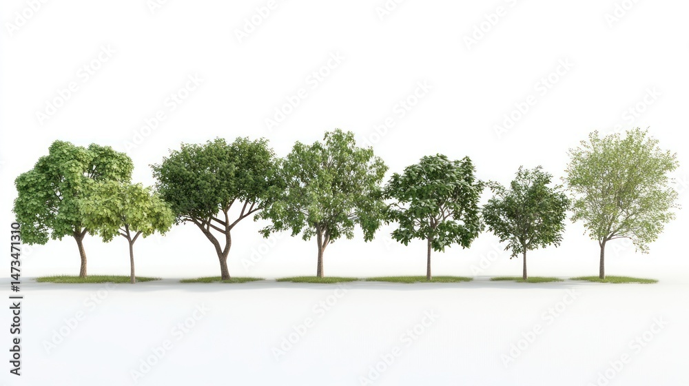 Obraz premium Row of various trees against white background