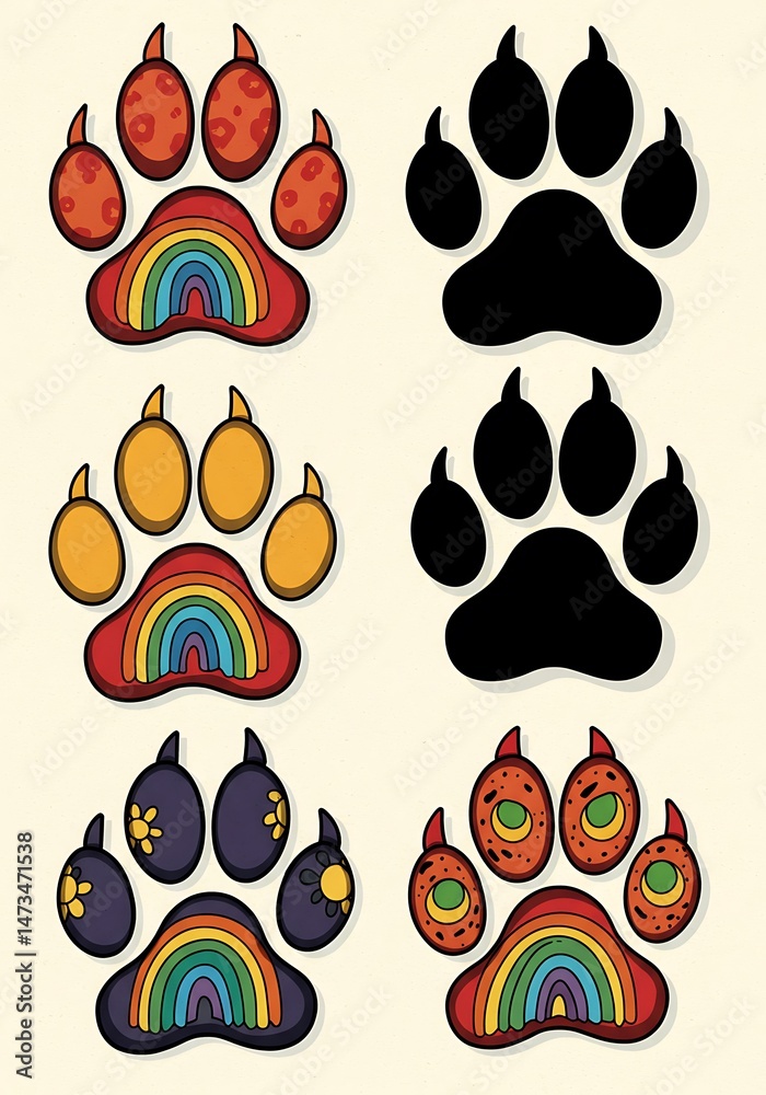 Fototapeta premium Rainbow Paws: A Spectrum of Prints AI Generated