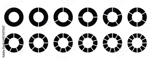 Pie chart divided 1 to 18equal parts. Pie chart circle. Flat process cycle. Progress sectors. Circle division infographic icon set. Infographic wheel segment and fraction. Pizza or donut round diagram