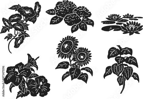 夏の花のシルエット風　イラストセット