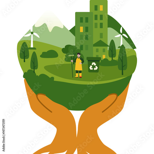 cartoon illustration of a green city with a hand