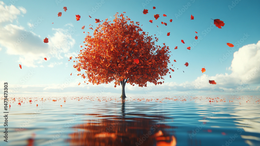 Hyperrealistic falling leaves cascade from a tree, symbolizing surrender and spiritual trust, with serene water reflections and a blurred minimalistic background enhancing the scene's contemplative mo