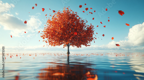 Hyperrealistic falling leaves cascade from a tree, symbolizing surrender and spiritual trust, with serene water reflections and a blurred minimalistic background enhancing the scene's contemplative mo