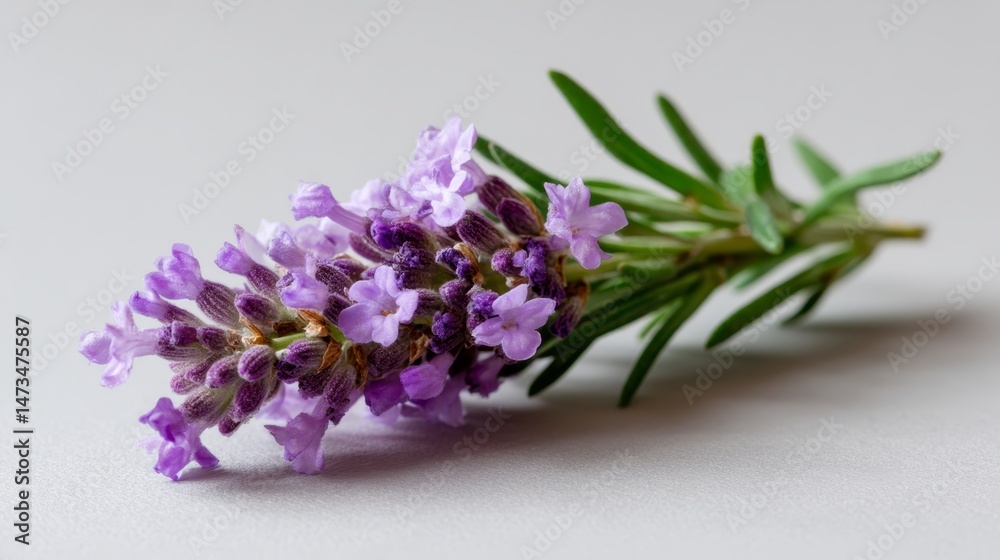 Fototapeta premium A single sprig of lavender reveals tiny buds, juxtaposed against a bright white background, inviting appreciation of its delicate beauty and aromatic charm