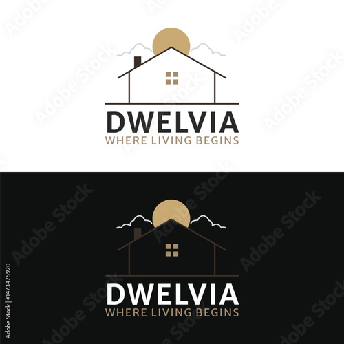Modern real estate logo with house roof and sun – minimalist branding design for housing business