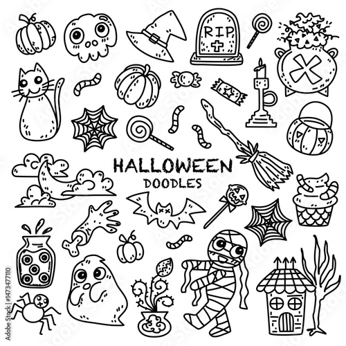 Cute Halloween black line doodle vector set