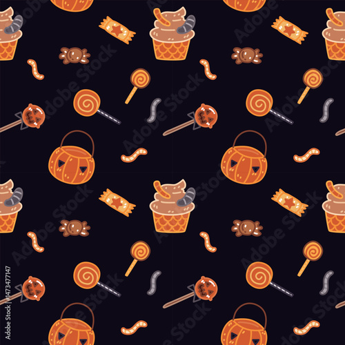 seamless halloween pattern with cute pumpkins cake and sweet candy