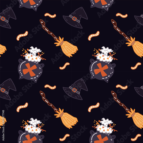 halloween seamless pattern with bloom and cauldrons