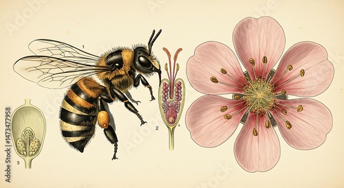Vintage Bee and Flower Botanical Study