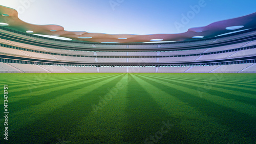 Empty grass floor in large stadium. 3d rendering of outdoor space and future architecture with blue sky background.