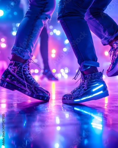 Two pairs of feet in light-up sneakers dance on a brightly lit dance floor