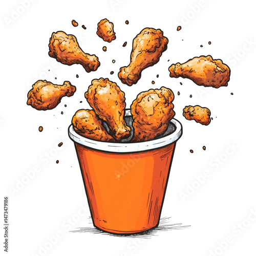 A Bucket Full of Tasty Fried Chicken Cartoon Style Illustration Isolated