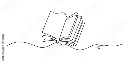 Continuous one line drawing of opened book. One line drawing illustration of world book day. Education and knowledge concept line art. Editable outline