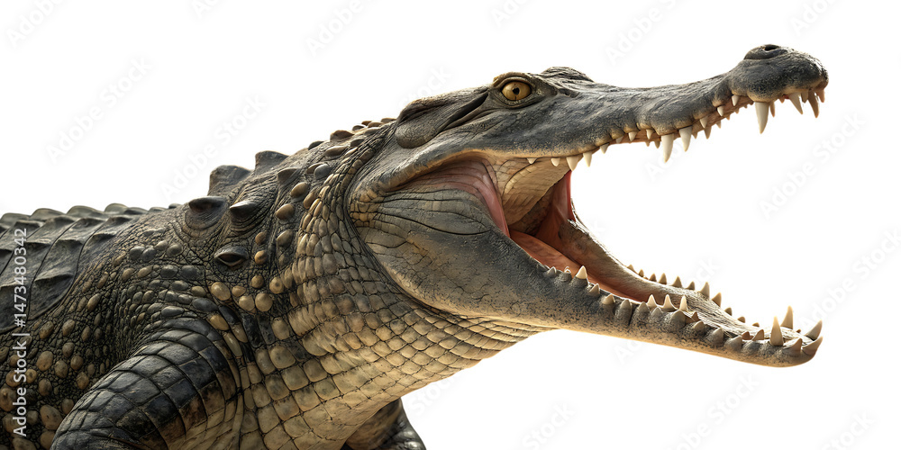 Obraz premium Crocodile with jaws wide open showing sharp teeth, realistic texture and detail, isolated on transparent background, AI Generative