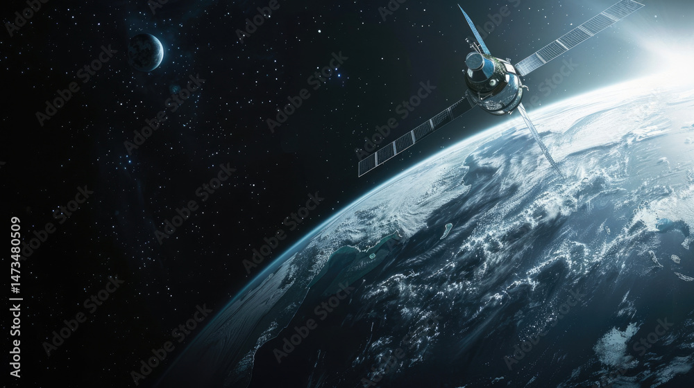 Naklejka premium Satellite orbiting Earth, sunlit, against a dark, starry backdrop