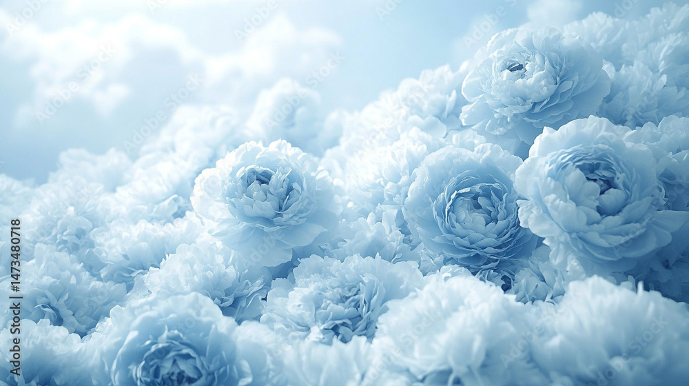 Glowing light baby blue peony flowers illuminated with ethereal spectrum light effects. Symbolizes beauty, purity, and serenity in a dreamy, artistic floral composition with soft glowing hues.