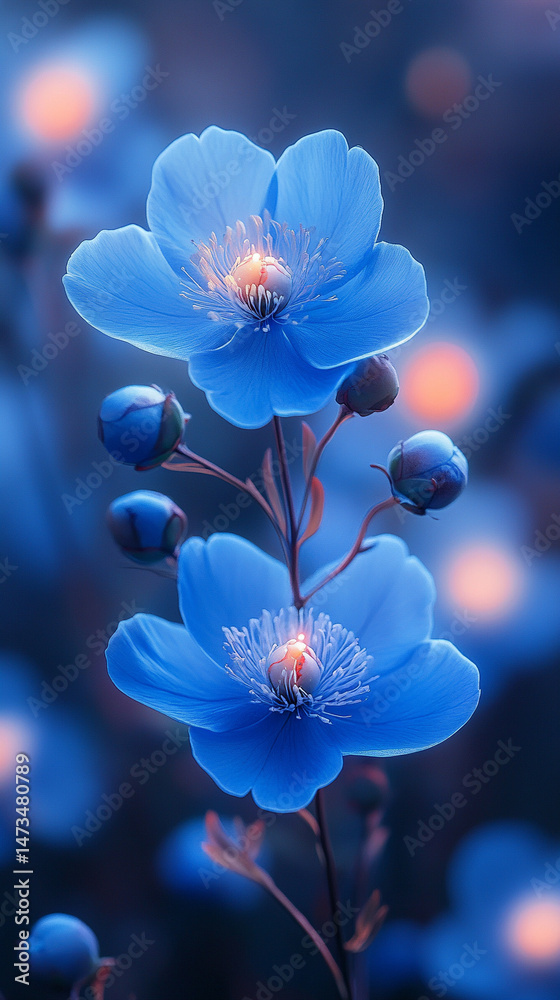 Glowing light baby blue peony flowers illuminated with ethereal spectrum light effects. Symbolizes beauty, purity, and serenity in a dreamy, artistic floral composition with soft glowing hues.