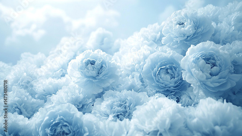 Obraz na płótnie Glowing light baby blue peony flowers illuminated with ethereal spectrum light effects. Symbolizes beauty, purity, and serenity in a dreamy, artistic floral composition with soft glowing hues.
w salonie