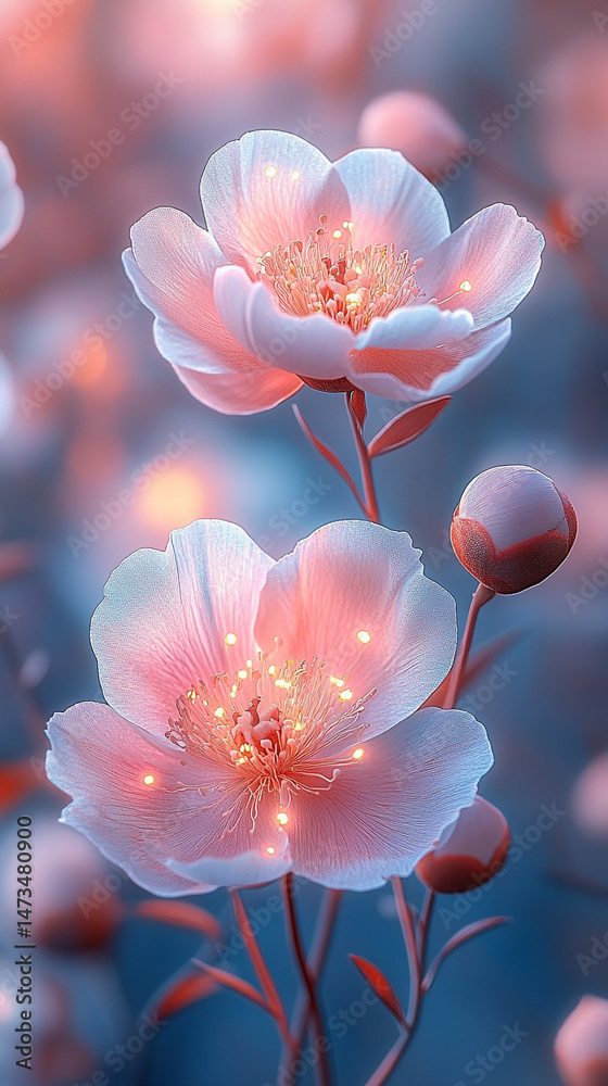 Glowing light baby blue peony flowers illuminated with ethereal spectrum light effects. Symbolizes beauty, purity, and serenity in a dreamy, artistic floral composition with soft glowing hues.