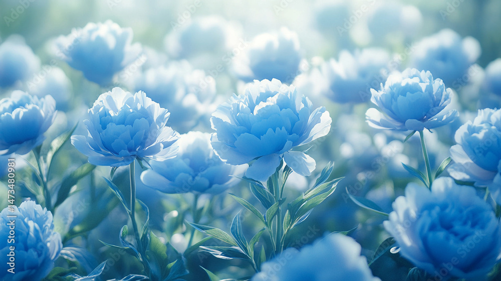 Glowing light baby blue peony flowers illuminated with ethereal spectrum light effects. Symbolizes beauty, purity, and serenity in a dreamy, artistic floral composition with soft glowing hues.