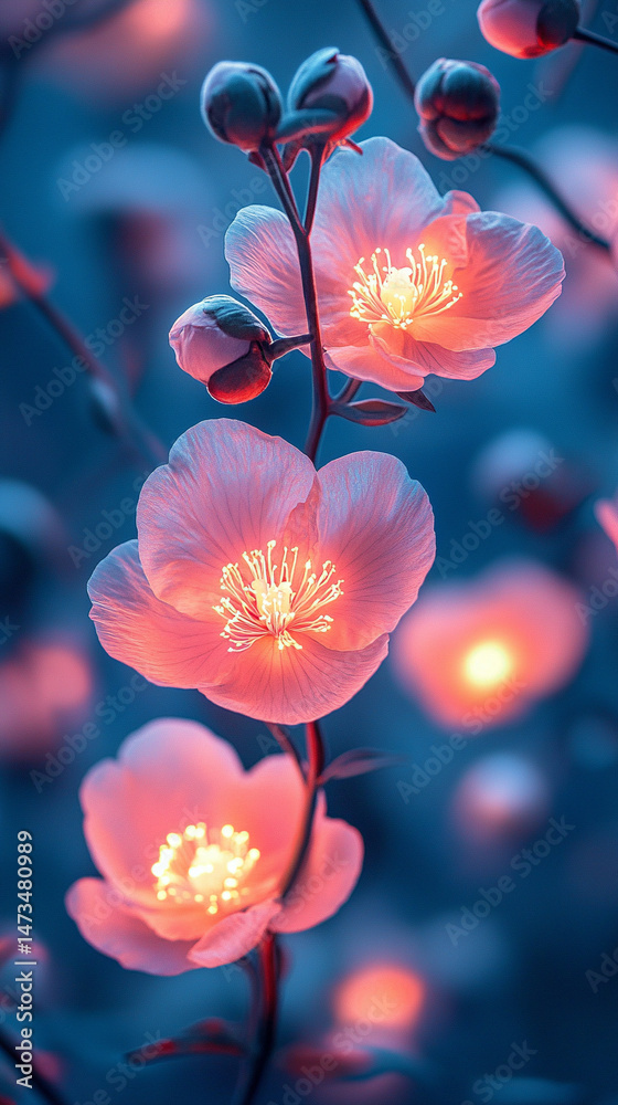 Glowing light baby blue peony flowers illuminated with ethereal spectrum light effects. Symbolizes beauty, purity, and serenity in a dreamy, artistic floral composition with soft glowing hues.