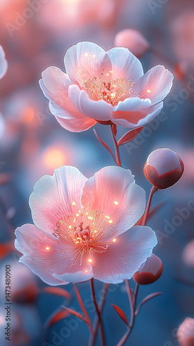 Obraz na płótnie Glowing light baby blue peony flowers illuminated with ethereal spectrum light effects. Symbolizes beauty, purity, and serenity in a dreamy, artistic floral composition with soft glowing hues.
w salonie