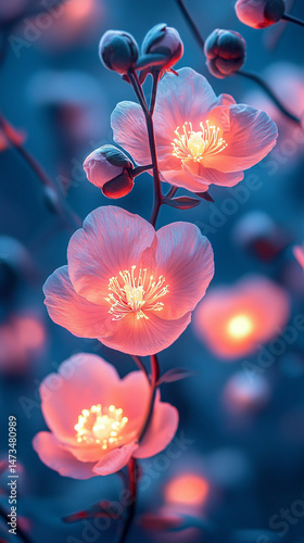 Obraz na płótnie Glowing light baby blue peony flowers illuminated with ethereal spectrum light effects. Symbolizes beauty, purity, and serenity in a dreamy, artistic floral composition with soft glowing hues.
w salonie