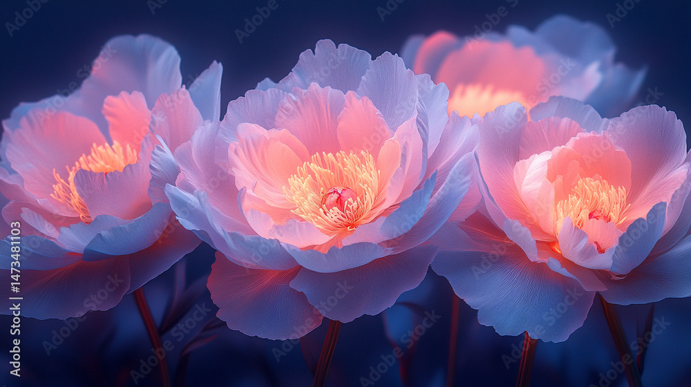Glowing light baby blue peony flowers illuminated with ethereal spectrum light effects. Symbolizes beauty, purity, and serenity in a dreamy, artistic floral composition with soft glowing hues.