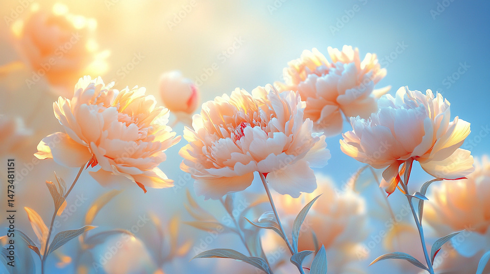 Glowing light baby blue peony flowers illuminated with ethereal spectrum light effects. Symbolizes beauty, purity, and serenity in a dreamy, artistic floral composition with soft glowing hues.