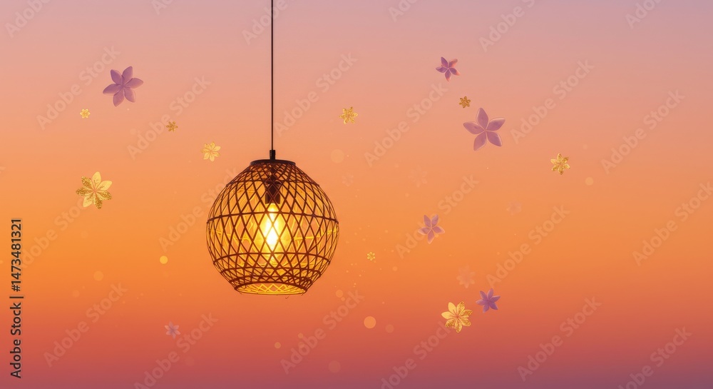 Obraz premium Woven Lamp on orange sky with flowers