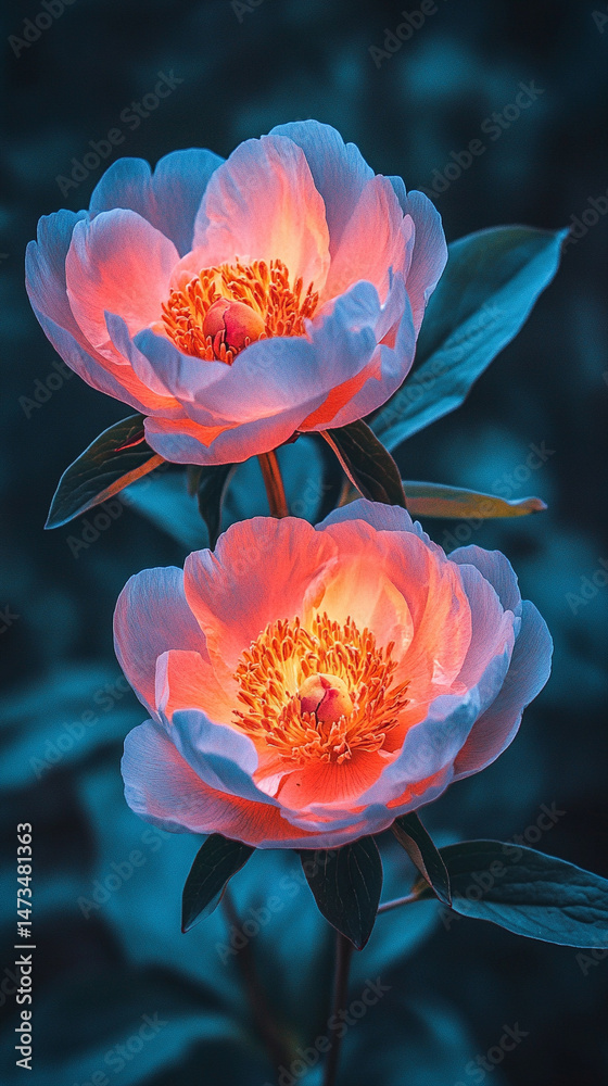 Glowing light baby blue peony flowers illuminated with ethereal spectrum light effects. Symbolizes beauty, purity, and serenity in a dreamy, artistic floral composition with soft glowing hues.
