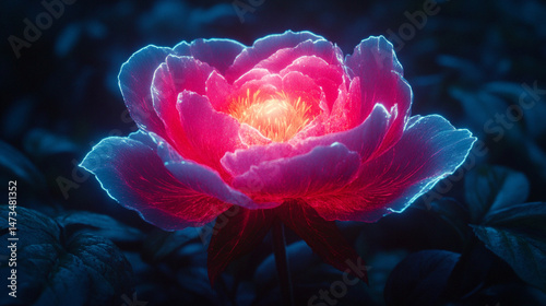 Glowing light baby blue peony flowers illuminated with ethereal spectrum light effects. Symbolizes beauty, purity, and serenity in a dreamy, artistic floral composition with soft glowing hues.

