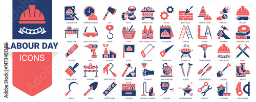 Labour day icon set. Vector illustration concept with icon of labour law, working hours, axe, mining cart , gear, brick wall ,traffic cone, protest and more. Solid color icons vector symbol background