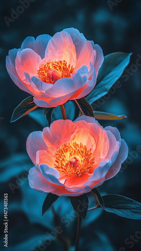 Obraz na płótnie Glowing light baby blue peony flowers illuminated with ethereal spectrum light effects. Symbolizes beauty, purity, and serenity in a dreamy, artistic floral composition with soft glowing hues.
w salonie