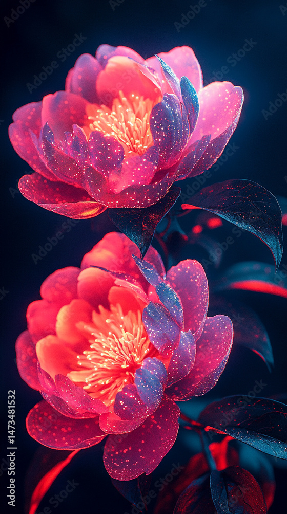 Glowing light baby blue peony flowers illuminated with ethereal spectrum light effects. Symbolizes beauty, purity, and serenity in a dreamy, artistic floral composition with soft glowing hues.