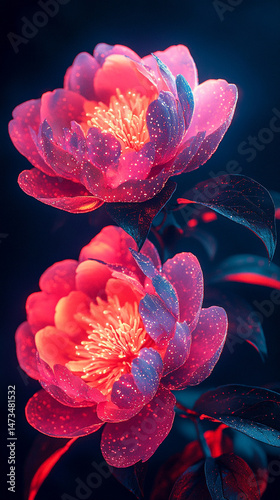 Obraz na płótnie Glowing light baby blue peony flowers illuminated with ethereal spectrum light effects. Symbolizes beauty, purity, and serenity in a dreamy, artistic floral composition with soft glowing hues.
w salonie