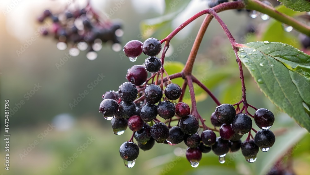 Fresh Whole Elderberries with Water Droplets – Natural Light Close-Up Fresh Whole Elderberries with Water Droplets – Natural Light Close-Up