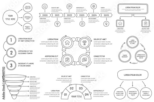 Set of hand drawn infographic templates - circle charts, flow charts, process diagrams, timeline, vector eps10 illustration
