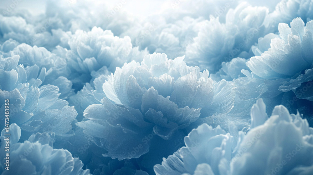 Glowing light baby blue peony flowers illuminated with ethereal spectrum light effects. Symbolizes beauty, purity, and serenity in a dreamy, artistic floral composition with soft glowing hues.