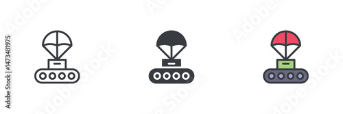 Rover or lander descending with a parachute different style icon set